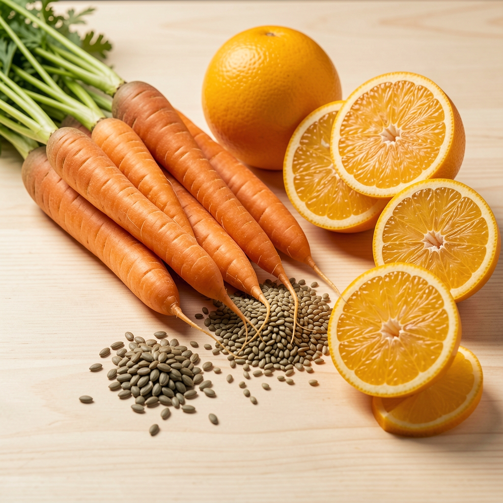 Zanahorias, semillas y cítricos dispuestos en una mesa de madera clara junto a notas nutricionales