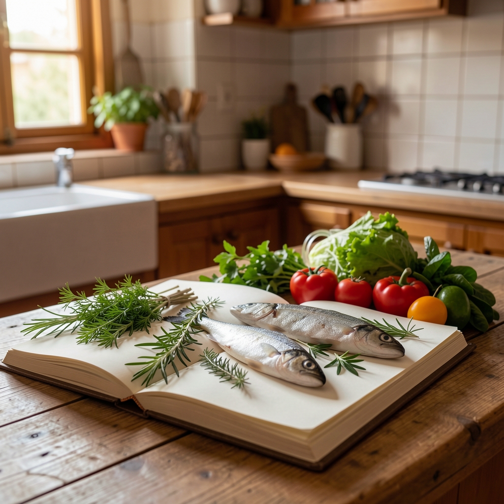 Cuaderno abierto con ingredientes botánicos, pescado y verduras frescas en una cocina de Cuenca