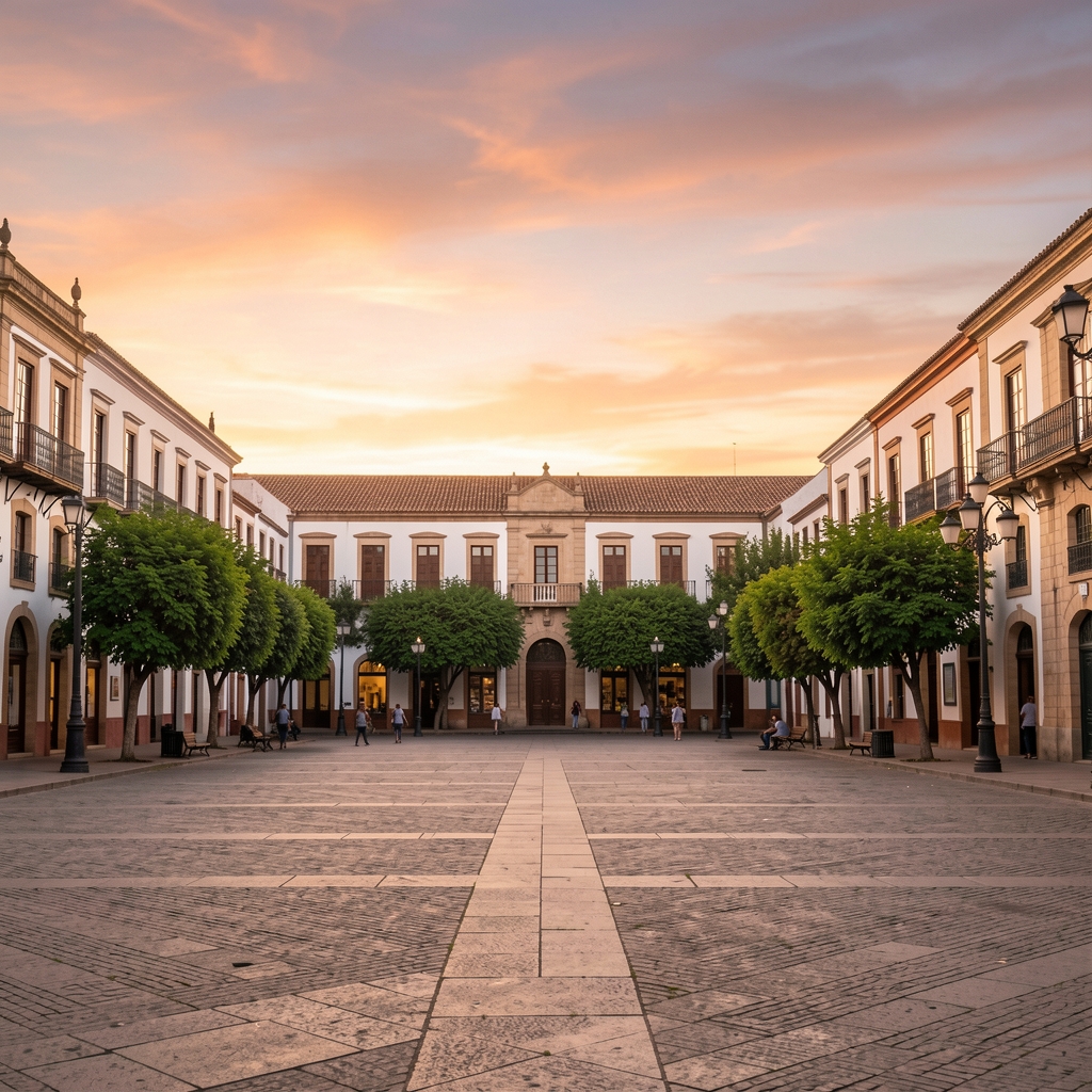 Plaza de Cuenca al atardecer con fachadas coloniales y árboles urbanos