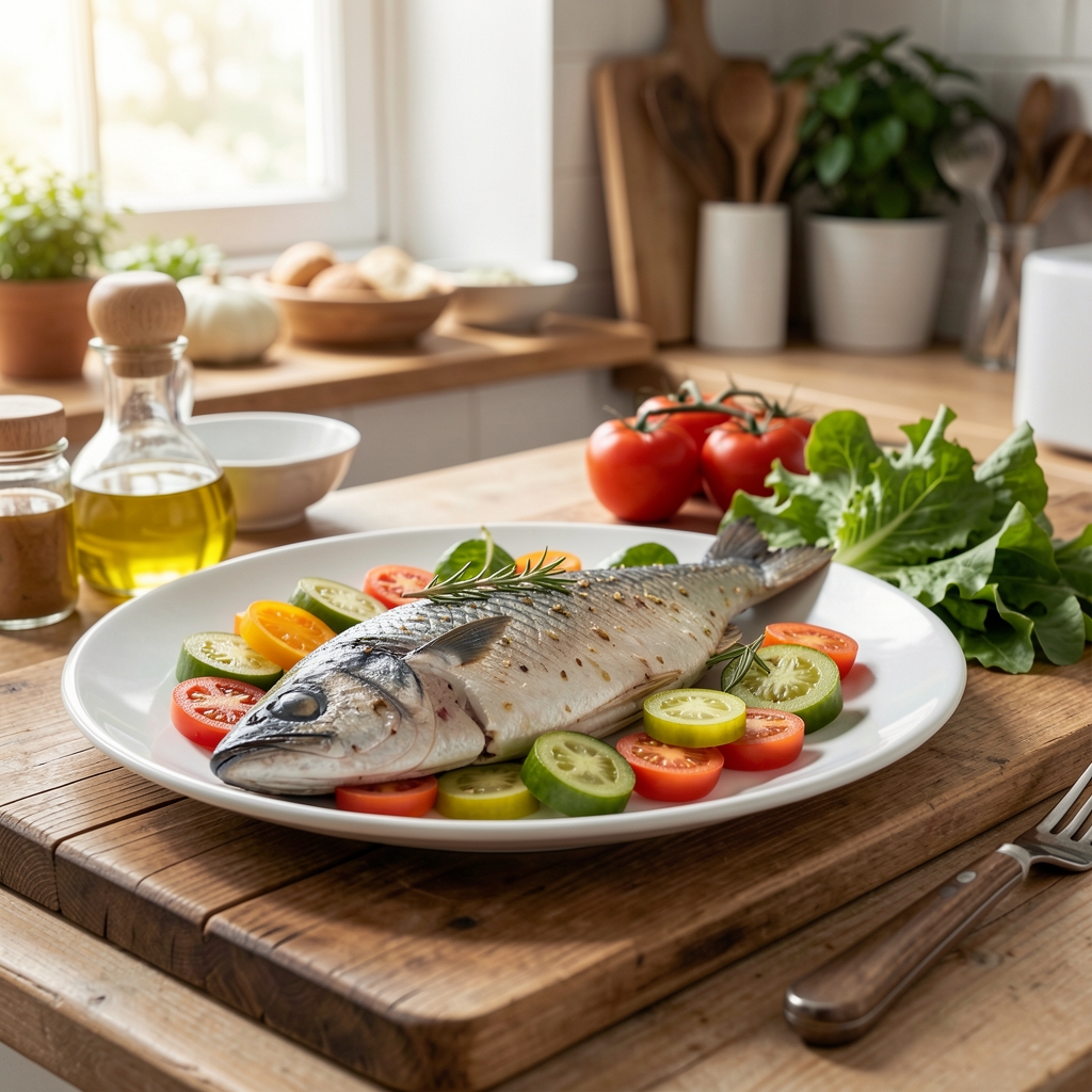 Filete de pescado azul, aceite de oliva y verduras frescas preparados en una cocina doméstica