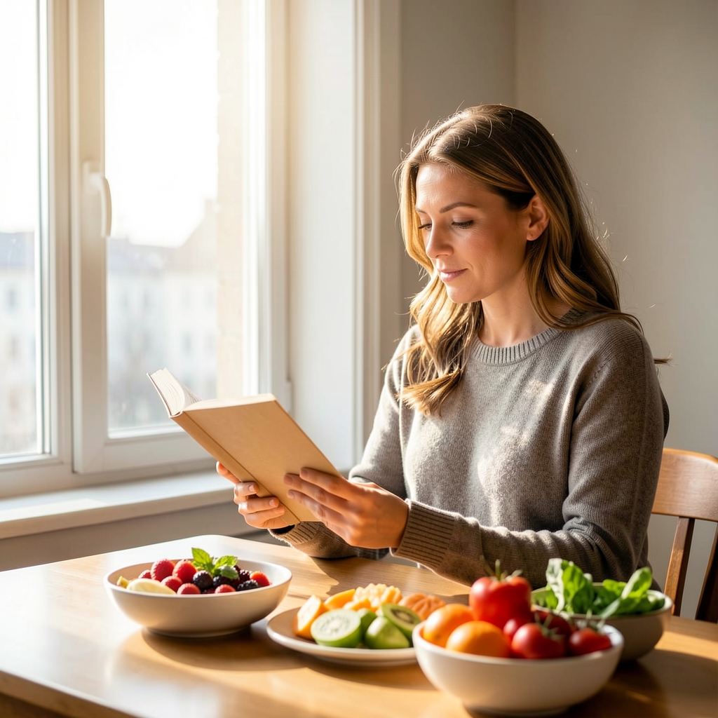 Persona adulta leyendo junto a una ventana luminosa con alimentos coloridos sobre la mesa