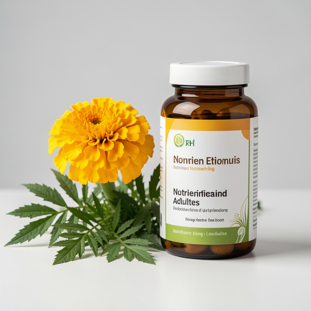 Marigold amarillo y hojas verdes junto a un frasco editorial de nutrientes para adultos
