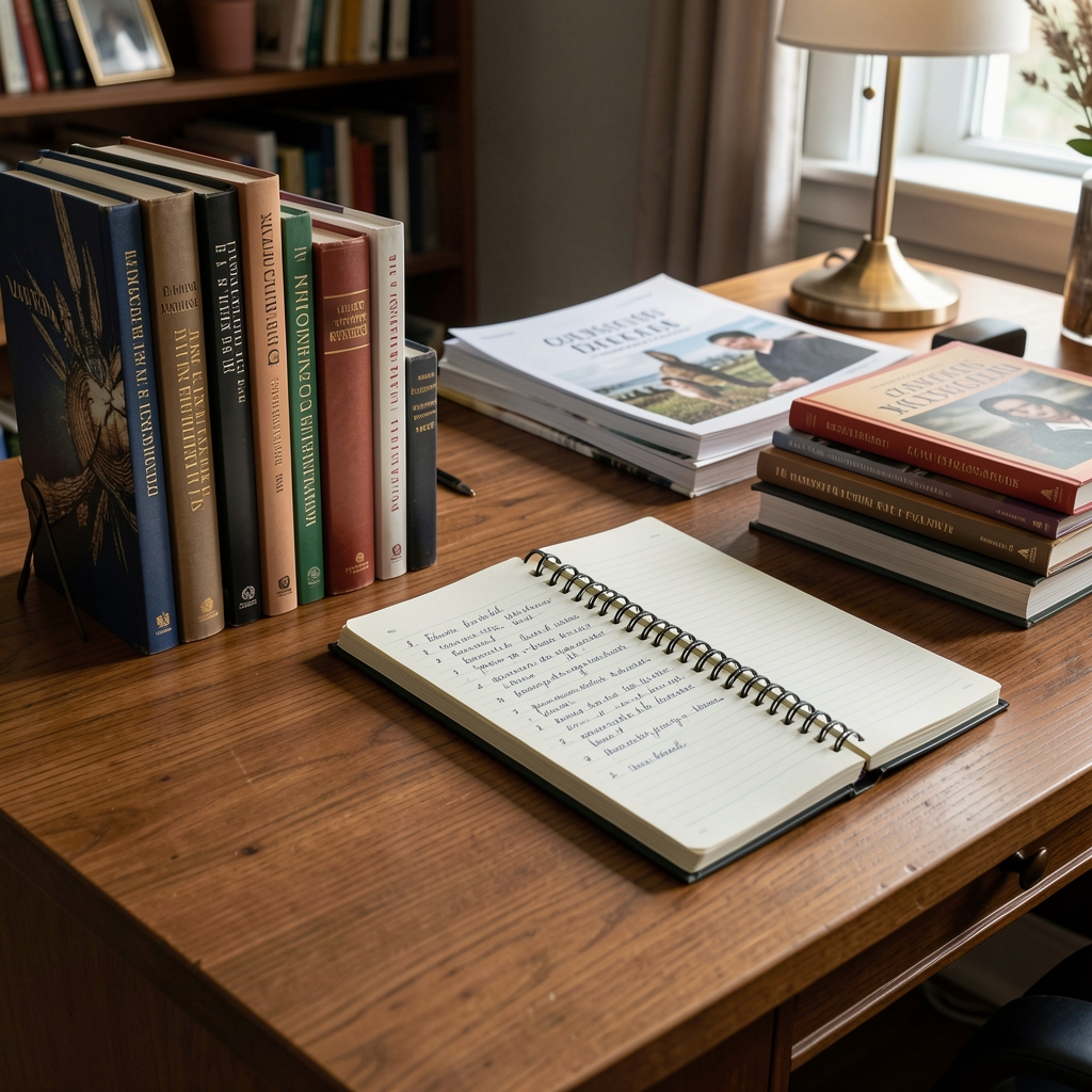 Libros, artículos impresos y libreta con anotaciones organizados en una mesa editorial