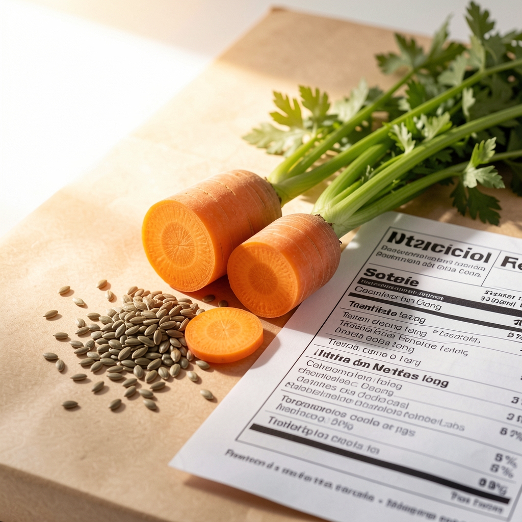 Mesa luminosa con zanahoria cortada, semillas y documentos de referencia nutricional en español