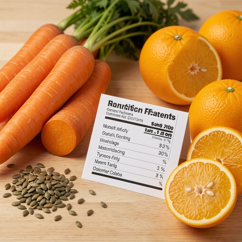 Zanahorias, semillas de calabaza y cítricos junto a una etiqueta nutricional cuidadosamente ordenada