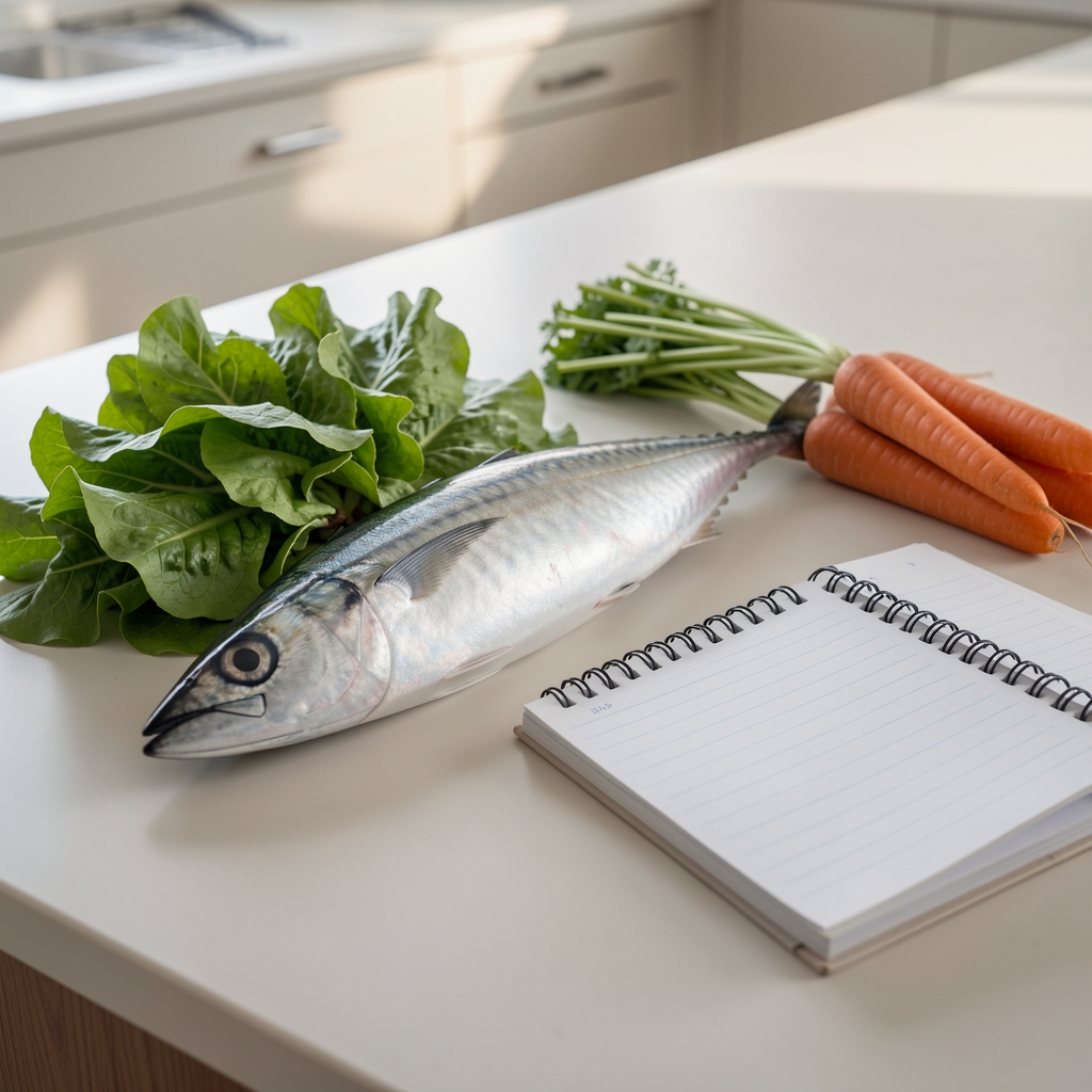Pescado azul, hojas verdes, zanahorias y una libreta de notas sobre una mesa de cocina clara