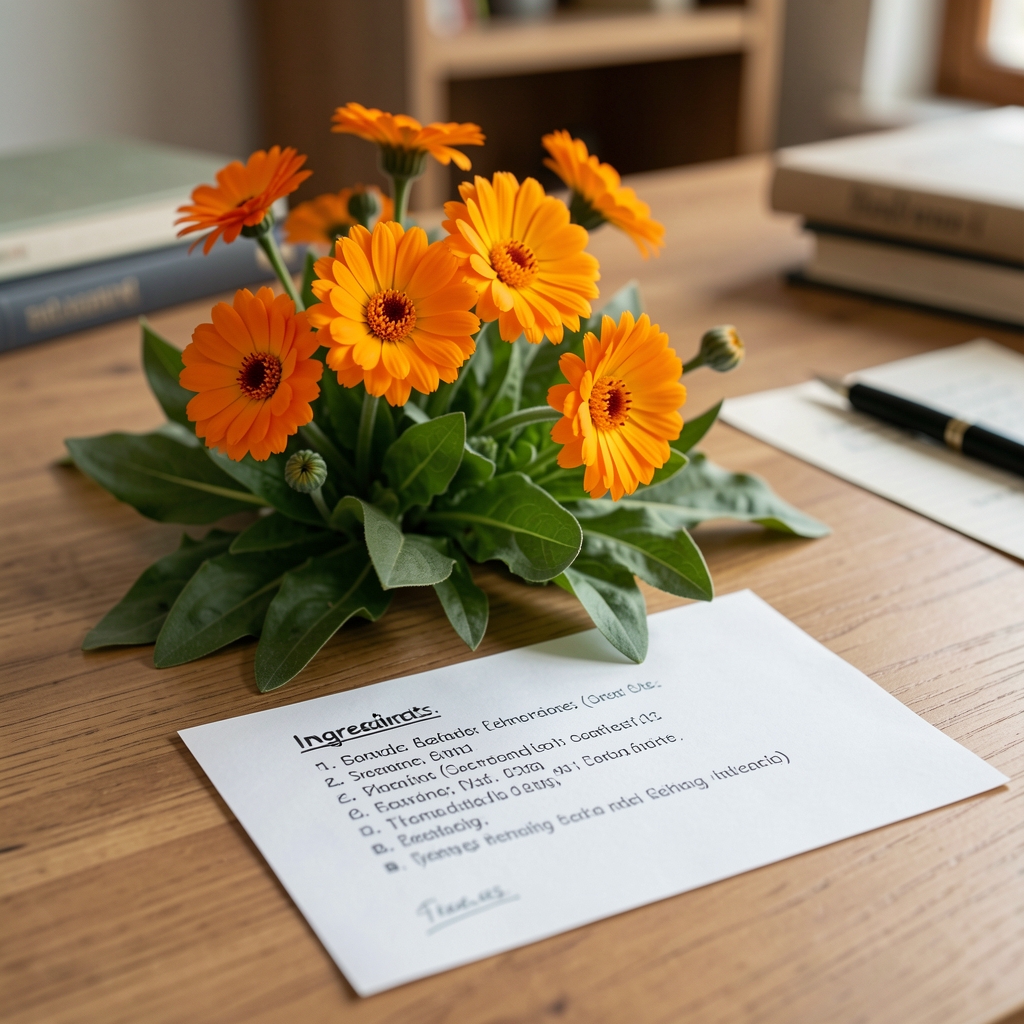 Flores de caléndula, hojas verdes y una ficha de ingredientes sobre una mesa editorial